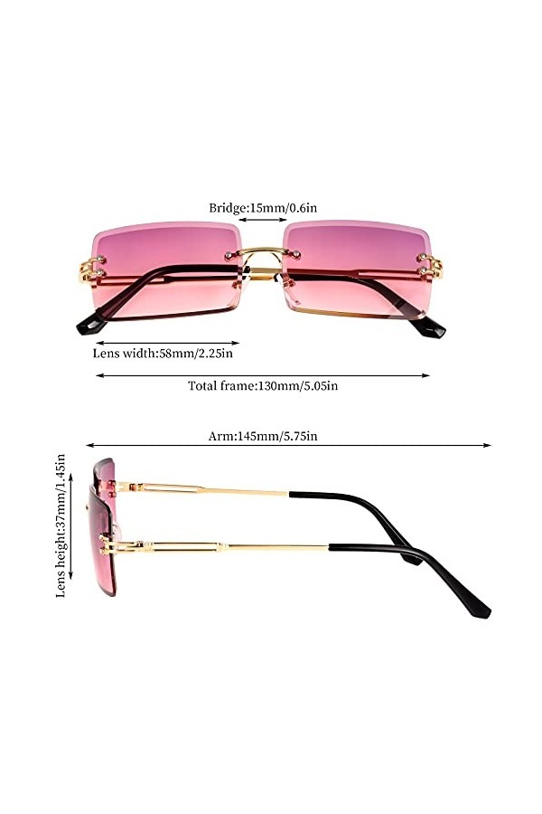 Gaosaili Lot de 3&nbsp;paires de lunettes de soleil, en forme de rectangle, sans bord/cadre, style rétro, lentille transparent, un