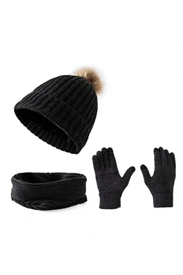 Embouro Tricot Pom-Pom Bonnet Écharpe Ensemble de Gants pour Femme, Cache-Cou dHiver avec Bonnet Pompon Amovible et Gants à 