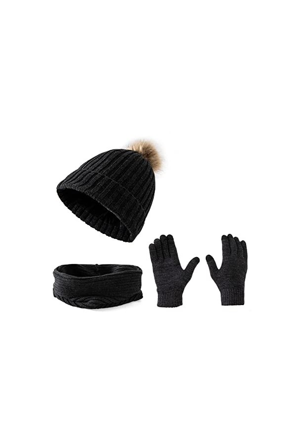 Embouro Tricot Pom-Pom Bonnet Écharpe Ensemble de Gants pour Femme, Cache-Cou dHiver avec Bonnet Pompon Amovible et Gants à 