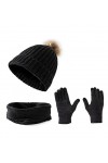 Embouro Tricot Pom-Pom Bonnet Écharpe Ensemble de Gants pour Femme, Cache-Cou dHiver avec Bonnet Pompon Amovible et Gants à 
