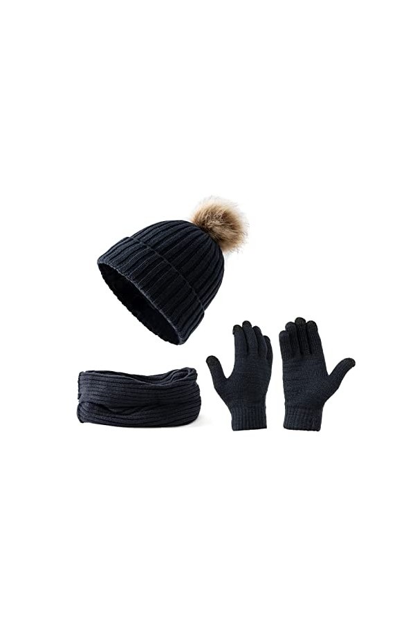 Embouro Tricot Pom-Pom Bonnet Écharpe Ensemble de Gants pour Femme, Cache-Cou dHiver avec Bonnet Pompon Amovible et Gants à 