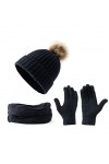 Embouro Tricot Pom-Pom Bonnet Écharpe Ensemble de Gants pour Femme, Cache-Cou dHiver avec Bonnet Pompon Amovible et Gants à 