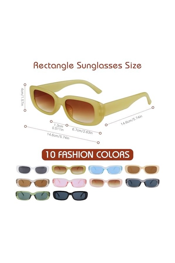 FAMCUCHE Lot de 10 lunettes de soleil rectangulaires pour femme - Avec protection UV - Multicolore - Rétro - Accessoires esth