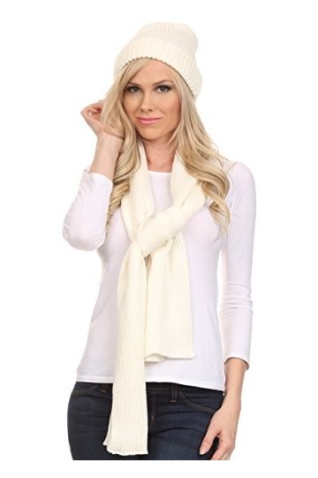 Sakkas CHSS1540 -Aldis Unisexe Ensemble Bonnet à Pompon et Foulard Tricoté Côtelé - Ivoire - One Size Regular