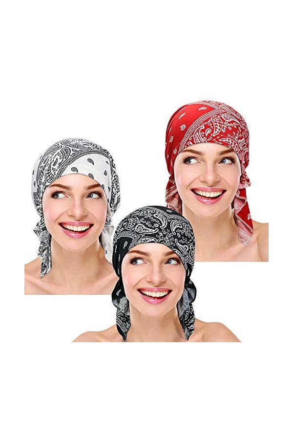 3 Pièces Femmes Chemo Chapeau Turban Bonnet Pre-Tied Headwear Bandana pour la perte de cheveux - - taille unique