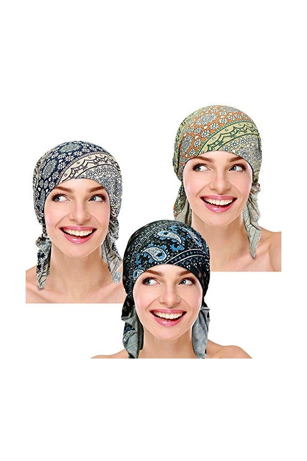 3 Pièces Femmes Chemo Chapeau Turban Bonnet Pre-Tied Headwear Bandana pour la perte de cheveux - - taille unique