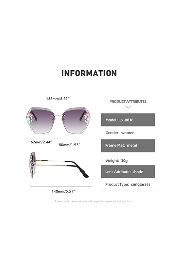 Cricia Lunettes de Soleil Diamant sans Monture pour Femme, Lunettes de Soleil de Protection UV avec Verres dégradés Coupe Dia