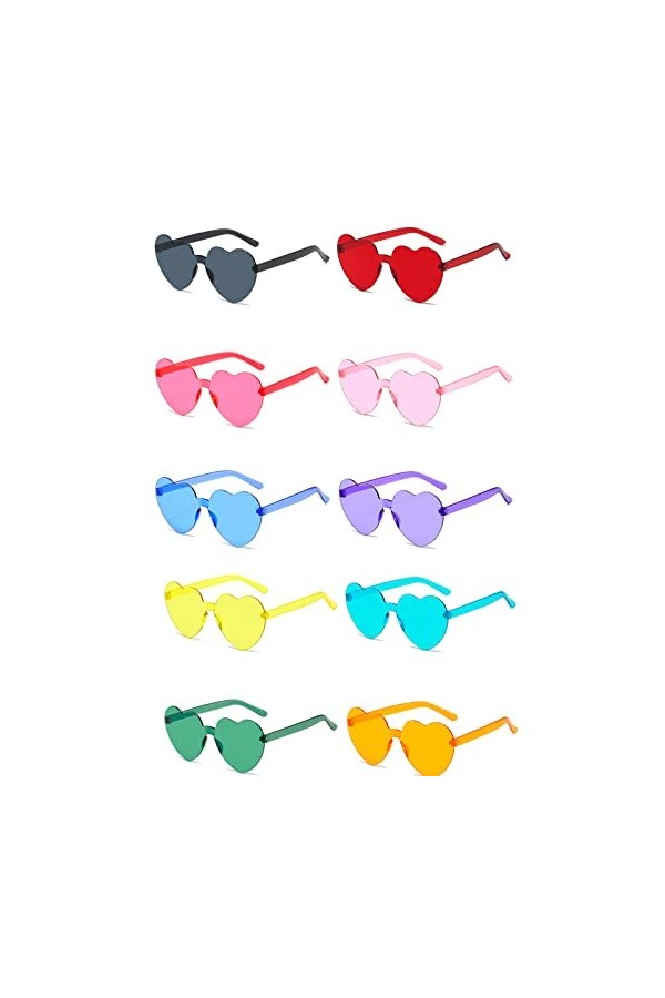 Fleymu 10 Pcs Lunettes De Soleil Cœur Sans Monture Lunettes Vintage Hippie De Couleur Lunettes Fun Verres De Fête Saint Valen