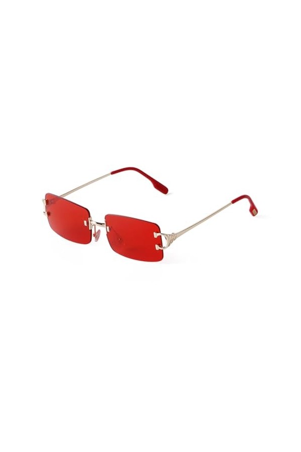 ADEWU Lunettes de soleil sans monture Femme Homme Vintage Rétro Lunettes étroites Petites Rectangulaires Métal, Doré/rouge.
