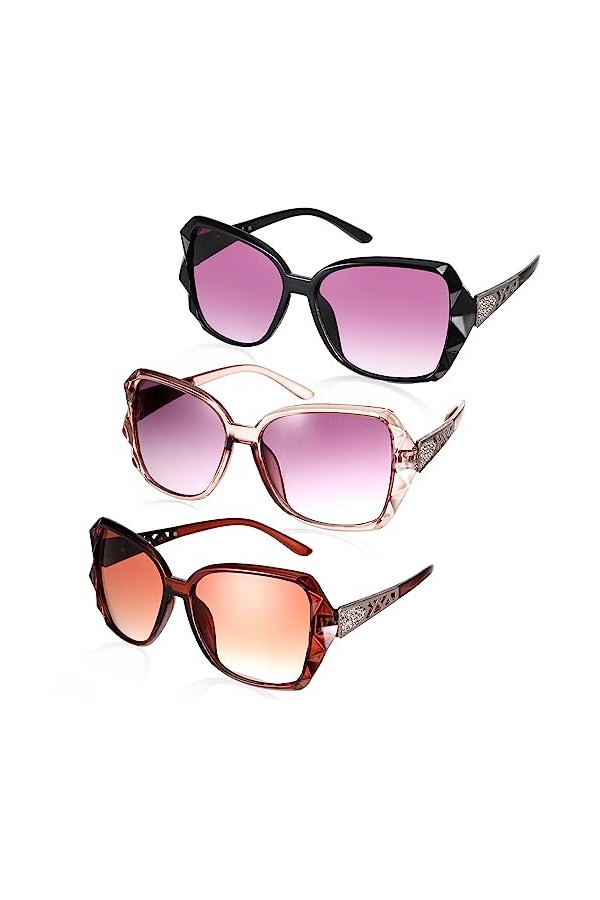 letcdfer Lot de 3 paires de lunettes de soleil à grand cadre pour femme avec protection UV U400, classique, tendance, surdime