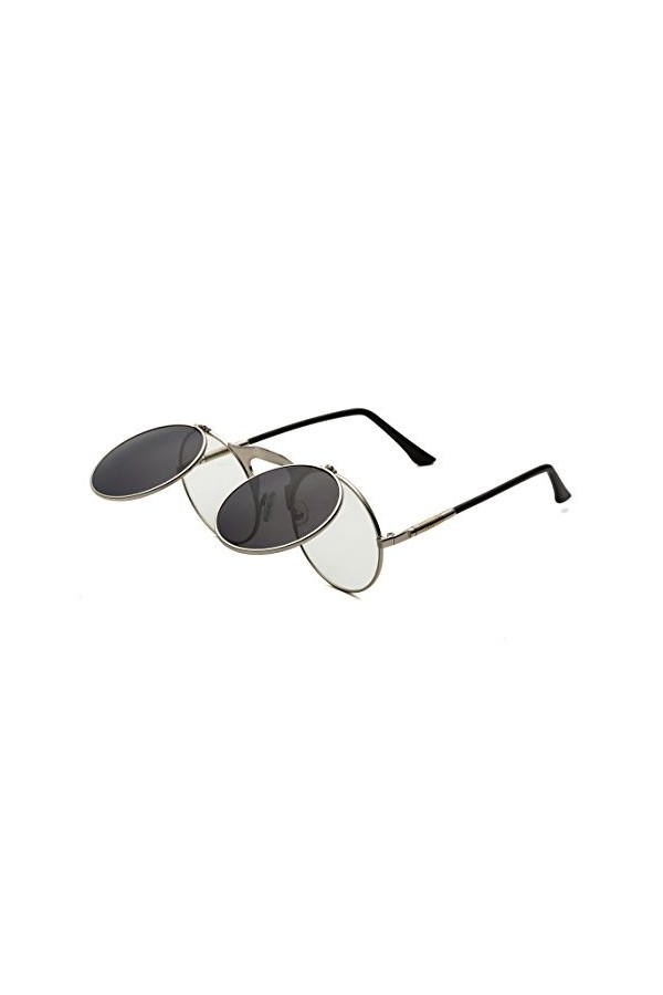 Lunettes de Soleil Ronde Steampunk Flip up Lentille Rétro Lunettes de Soleil à Monture en Métal pour Femme Homme Cadre Argent