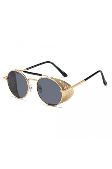 YAMEIZE Lunette de Soleil Femme Ronde-Rétro Vintage Steampunk Homme avec Protection UV400 Double Pont Métal Lunettes OrGris