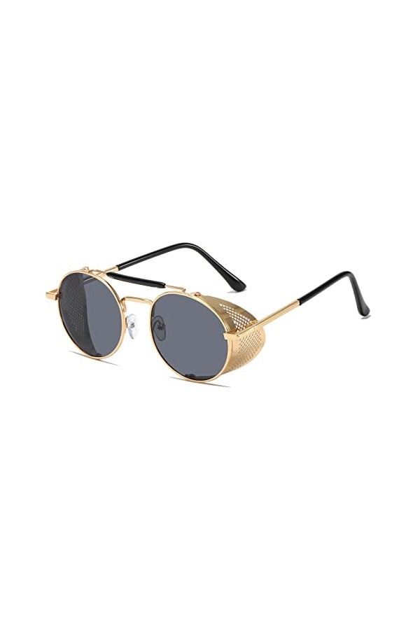 YAMEIZE Lunette de Soleil Femme Ronde-Rétro Vintage Steampunk Homme avec Protection UV400 Double Pont Métal Lunettes OrGris