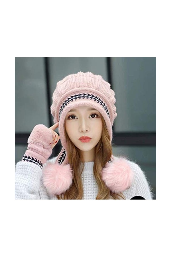 Woolly Hats Ensemble bonnet à pompon et gants pour femme Rose