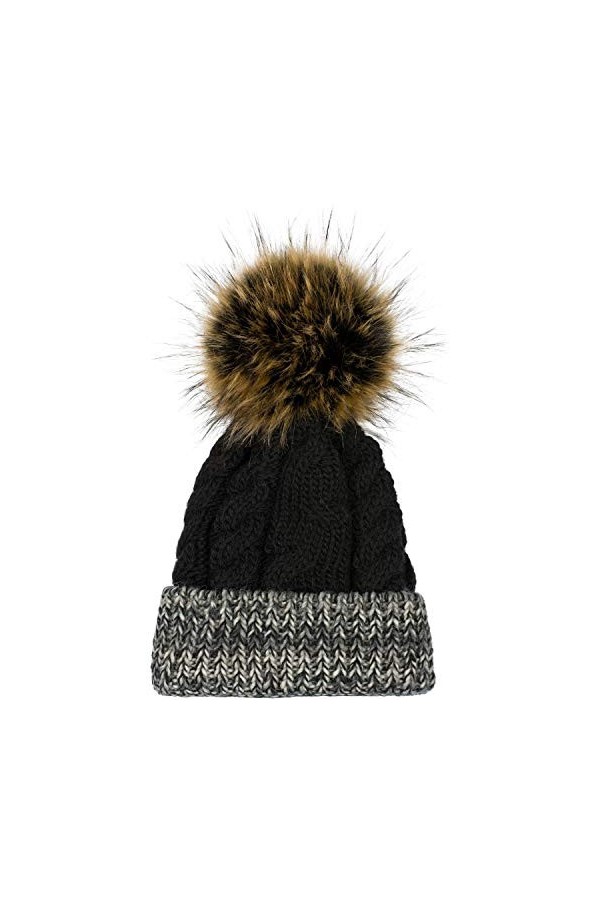 styleBREAKER Bobble Cap Unicolore en Tricot, Ceinture à Motifs Multicolores, Doublure Polaire, Bobble Cap en Fourrure dhiver