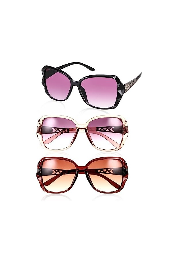 Lot de 3 grandes lunettes de soleil pour femme, lunettes de soleil vintage tendance pour femme, protection UV400, lunettes de
