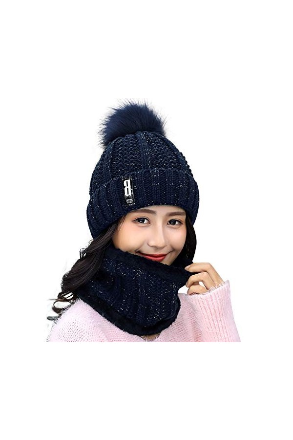 Ensemble 2 pièces écharpe en tricot pour femme avec doublure en polaire et motif tête de mort, bleu marine, taille unique