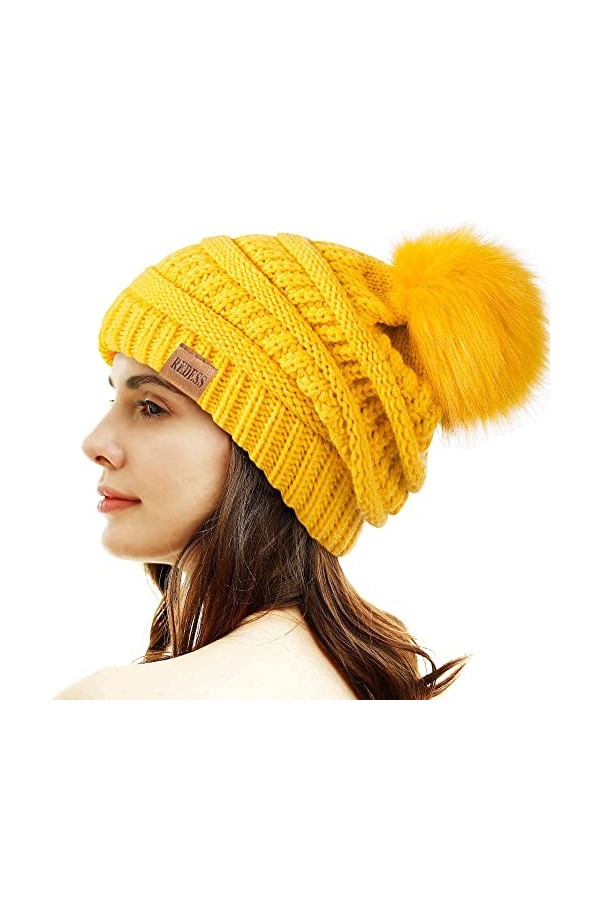 REDESS Bonnet dhiver à Pompons pour Femme Doublure Polaire Chaude Épais Slouchy Snow Knit Chunky Baggy Skull Ski Cap