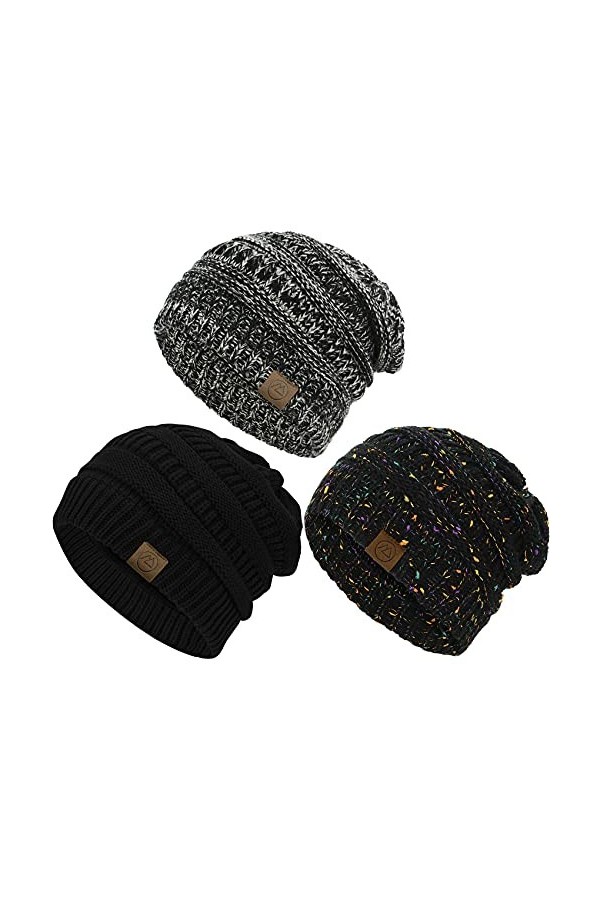 Durio Bonnet tricoté pour femme - Bonnet dhiver - Bonnet en grosse maille - Doux, 3 pièces 1, taille unique