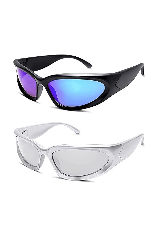 Vagbalena Hommes de Femmes de lunettes de Soleil 2 Paires Y2K Wrap Around Lunettes De Soleil Ovale Lunettes 2022 Mode Sports 