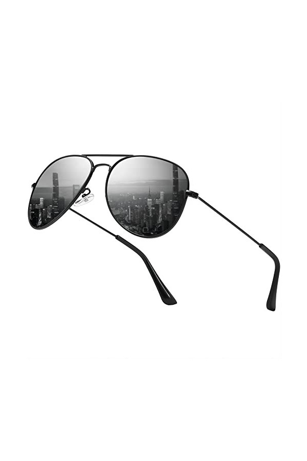 kunchu-Lunettes de soleil Pilote Polarisées pour Homme Femme Mode Classique Vintage Retro Noir UV400 pour Pêche Conduite Ski 