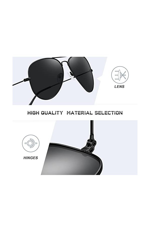 kunchu-Lunettes de soleil Pilote Polarisées pour Homme Femme Mode Classique Vintage Retro Noir UV400 pour Pêche Conduite Ski 