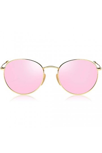 SOJOS Ronde Vintage Rétro Miroir Anti-UV Lunettes de Soleil Unisexe Polarisées SJ1014 avec Or Cadre/Rose Lentille