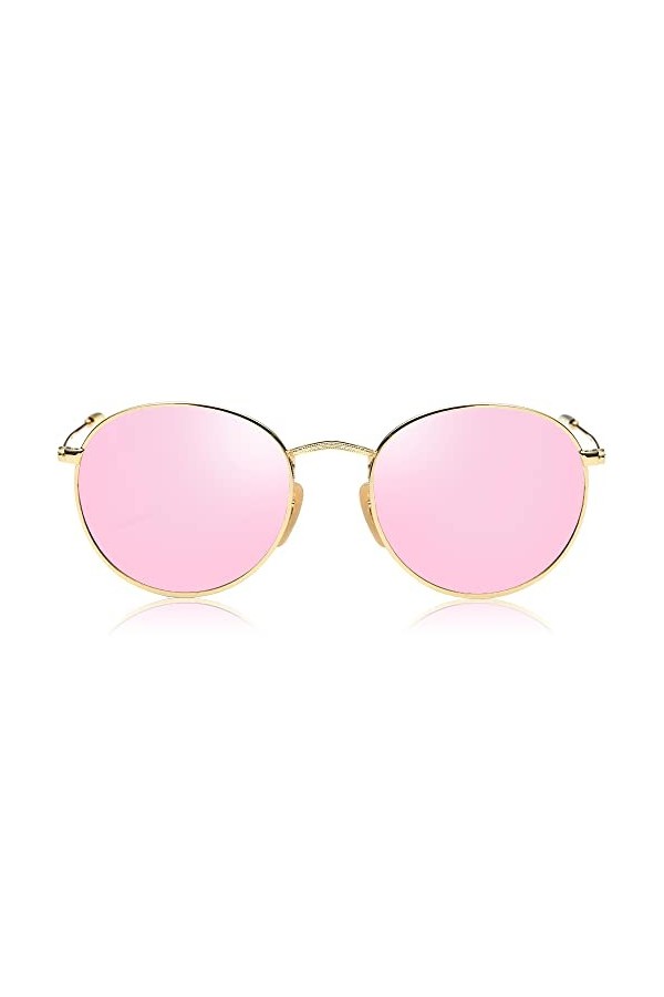 SOJOS Ronde Vintage Rétro Miroir Anti-UV Lunettes de Soleil Unisexe Polarisées SJ1014 avec Or Cadre/Rose Lentille