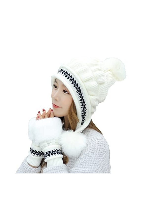 Vohoney Bonnet dhiver en tricot pour femme - Bonnet chaud avec pompon - Gants - Ensemble 2 en 1 - Ensemble de tricot épais p