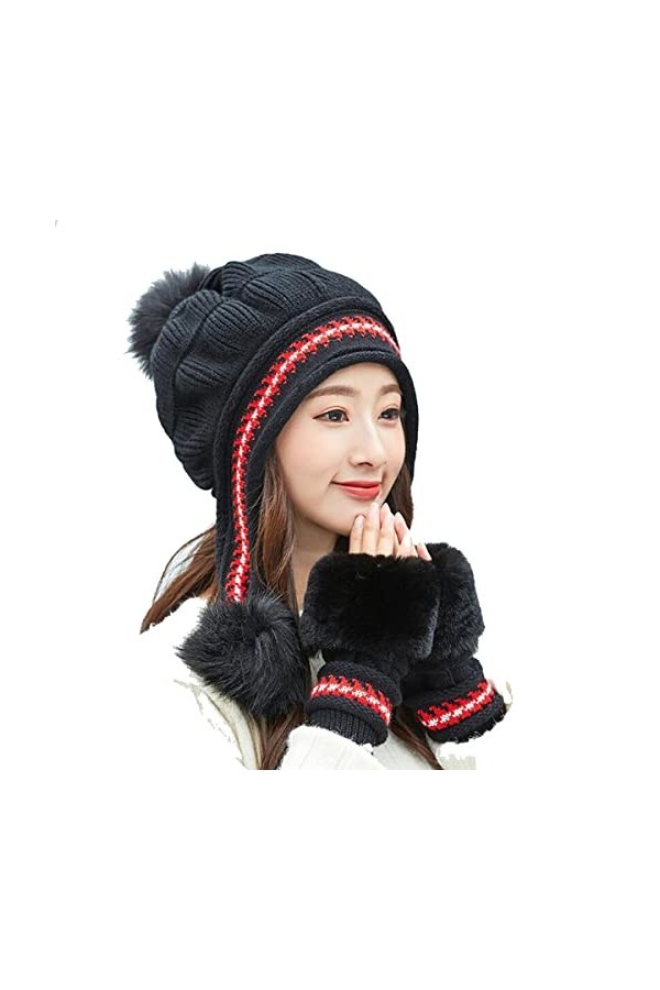 Vohoney Bonnet dhiver en tricot pour femme - Bonnet chaud avec pompon - Gants - Ensemble 2 en 1 - Ensemble de tricot épais p