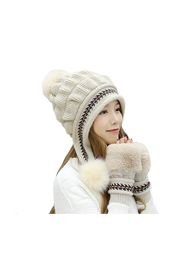 Vohoney Bonnet dhiver en tricot pour femme - Bonnet chaud avec pompon - Gants - Ensemble 2 en 1 - Ensemble de tricot épais p