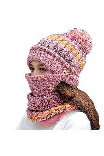 BIFADA Ensemble bonnet, écharpe et masque dhiver en tricot épais et chaud avec doublure en polaire - Rose - Taille Unique