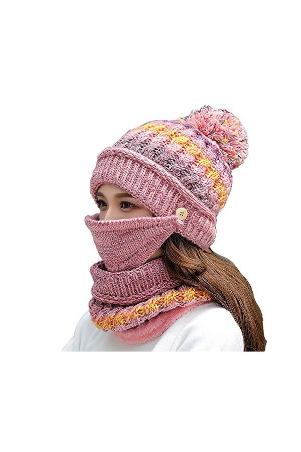 BIFADA Ensemble bonnet, écharpe et masque dhiver en tricot épais et chaud avec doublure en polaire - Rose - Taille Unique