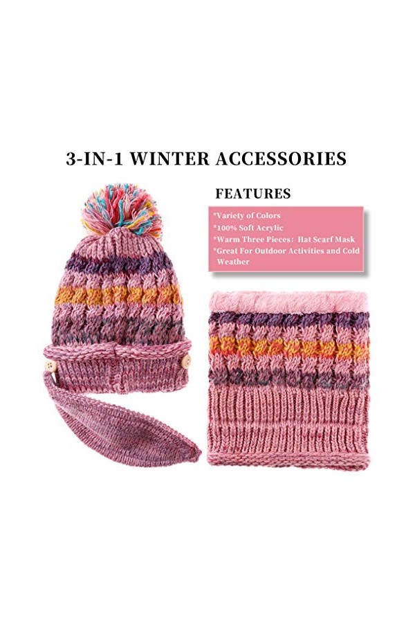 BIFADA Ensemble bonnet, écharpe et masque dhiver en tricot épais et chaud avec doublure en polaire - Rose - Taille Unique