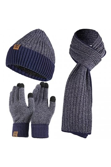 Tofern Bonnet Echarpe Gants 3 Pièces Ensemble Tricoté Unisexe Hiver Chaud Doigt Ecran Tactile Epais Coupe Vent Couleur Complé