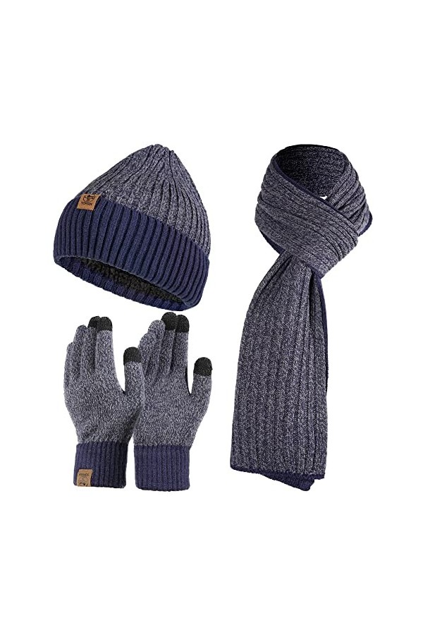 Tofern Bonnet Echarpe Gants 3 Pièces Ensemble Tricoté Unisexe Hiver Chaud Doigt Ecran Tactile Epais Coupe Vent Couleur Complé