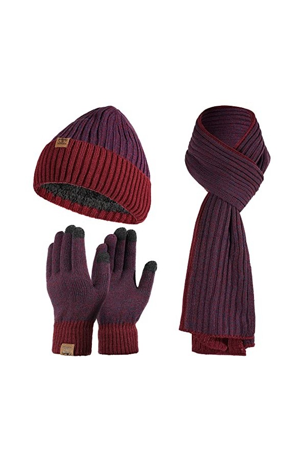 Tofern Bonnet Echarpe Gants 3 Pièces Ensemble Tricoté Unisexe Hiver Chaud Doigt Ecran Tactile Epais Coupe Vent Couleur Complé