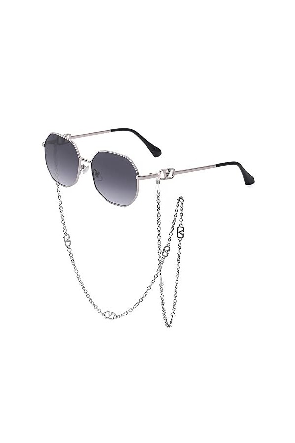 Femmes Punk Lunettes De Soleil Rétro Alliage Polygone Lunettes De Soleil Femmes Luxe Shades avec Une Chaîne Longe Lunettes De