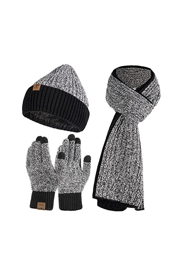 Tofern Bonnet Echarpe Gants 3 Pièces Ensemble Tricoté Unisexe Hiver Chaud Doigt Ecran Tactile Epais Coupe Vent Couleur Complé