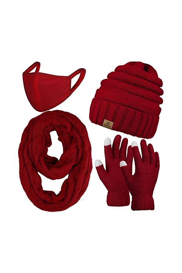URATOT Ensemble chaud dhiver en tricot avec bonnet et gants pour écran tactile - Écharpe en tricot torsadé et couverture cha