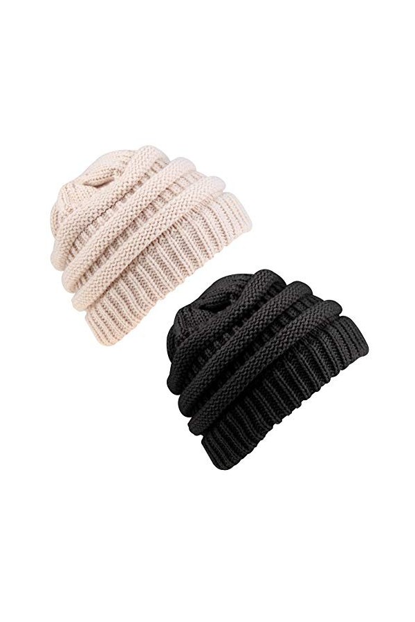 Quacoww Bonnet Tricoté, Noir et Beige