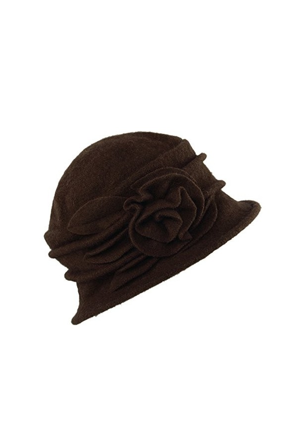 LAEMILIA Chapeau cloche dhiver en polaire douce pour femme avec passepoil et nœud, 2 Café, taille unique
