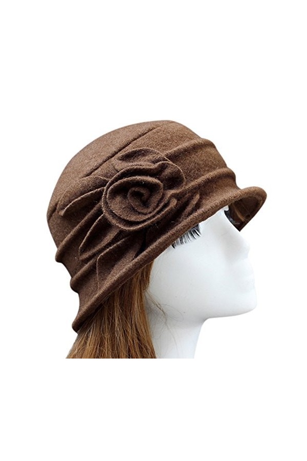 LAEMILIA Chapeau cloche dhiver en polaire douce pour femme avec passepoil et nœud, 2 Café, taille unique