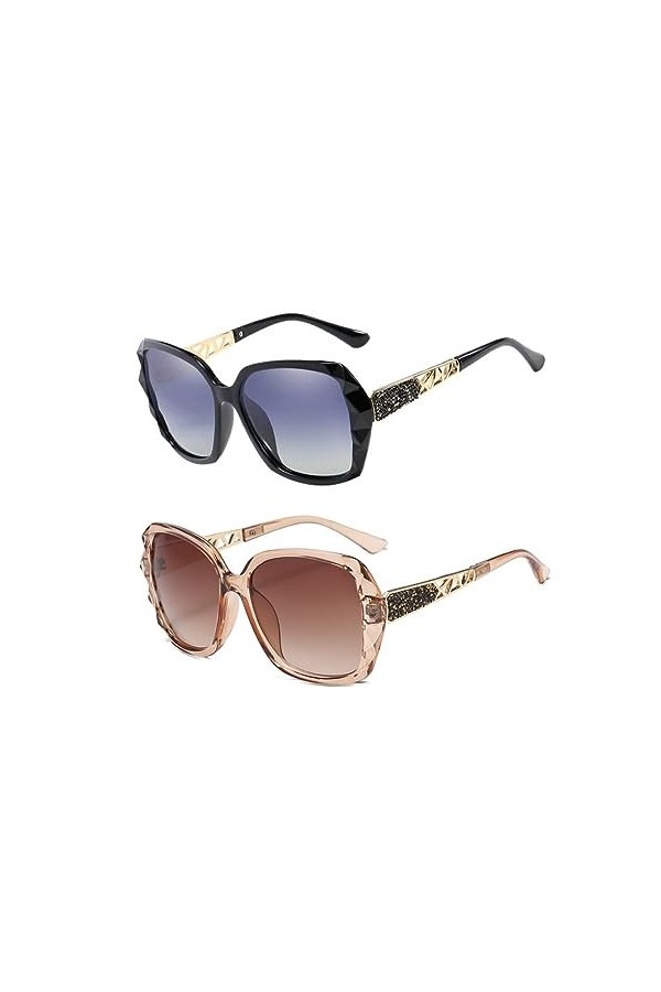JZK Lot de 2 lunettes de soleil polarisées noires et marron pour femme - Lunettes de soleil carrées pour la conduite de voitu