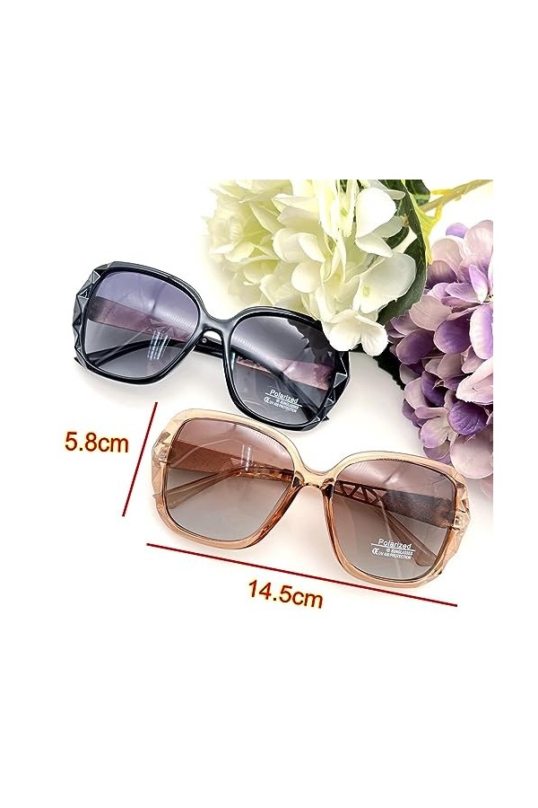 JZK Lot de 2 lunettes de soleil polarisées noires et marron pour femme - Lunettes de soleil carrées pour la conduite de voitu