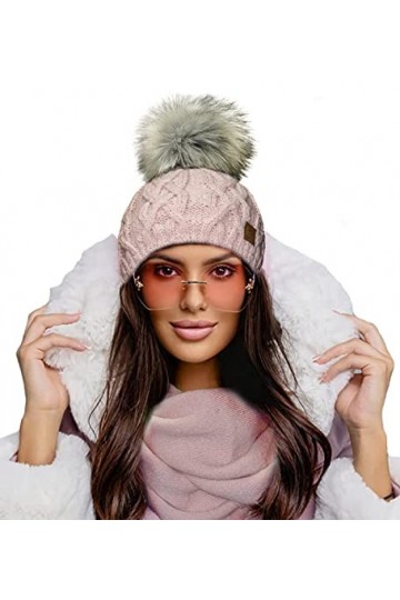 4sold Dames Beanie Warm Hiver Bobble Fausse Fourrure Pom Pom Wooly Full Liner Cossy - Set Model 1 Rouse Pink 08