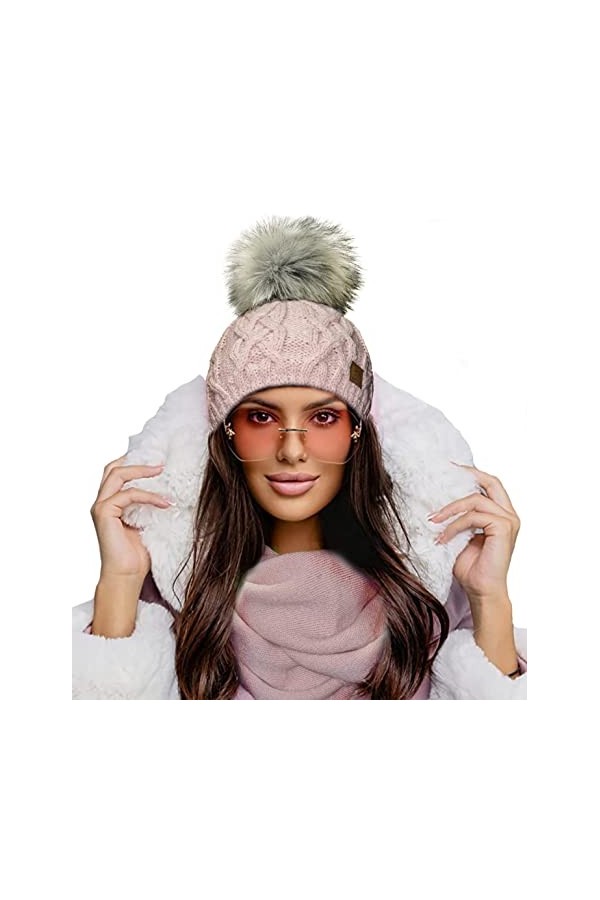 4sold Dames Beanie Warm Hiver Bobble Fausse Fourrure Pom Pom Wooly Full Liner Cossy - Set Model 1 Rouse Pink 08