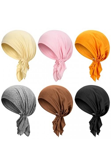 6 Bonnets Turbans en Coton Bandeau de Sommeil Prénoué Extensible Chapeau Turban pour Femmes Style Couleur Solide 