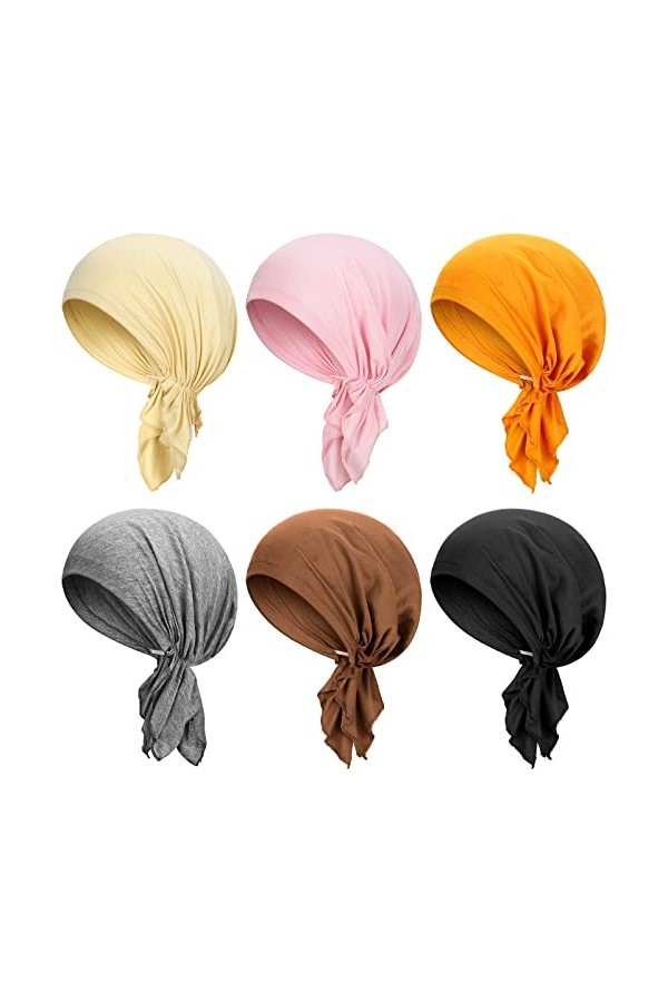 6 Bonnets Turbans en Coton Bandeau de Sommeil Prénoué Extensible Chapeau Turban pour Femmes Style Couleur Solide