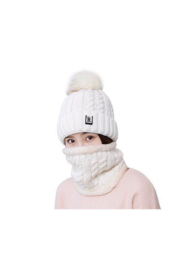 TININNA 2 Pièces Ensemble Beanie Chapeau Bonnet et Écharpe de Cercle Cache-Col Tour de Cou Femme Fille en Tricot dhiver Avec